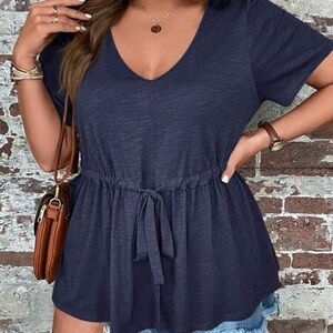 Emery Rose (SHEIN) Deep Blue V-Neck Tie Blouse